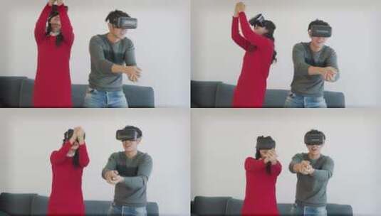 年轻的亚洲夫妇戴着VR眼镜在客厅玩耍。高清在线视频素材下载