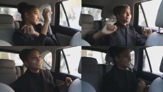 女人坐在汽车后座上跳舞高清在线视频素材下载