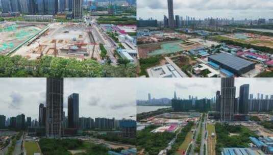 深圳湾超级总部基地建筑工地及交通航拍高清在线视频素材下载