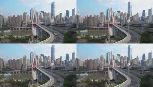 重庆地标天际线高楼群与千厮门大桥车流高清在线视频素材下载