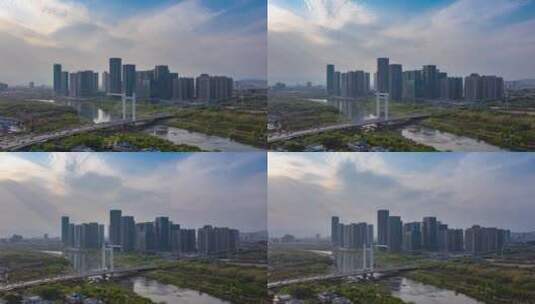 义乌CBD城市交通车流风光航拍延时摄影高清在线视频素材下载