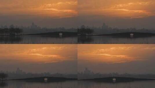杭州城市西湖白堤清晨日出空镜高清在线视频素材下载