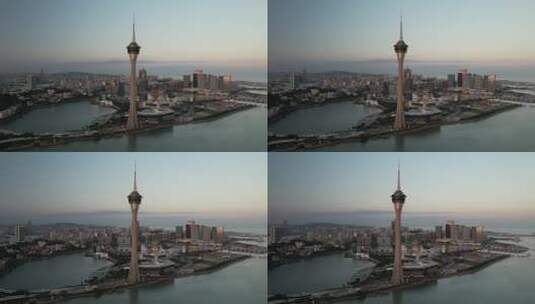 澳门旅游塔地标建筑航拍城市风光高清在线视频素材下载