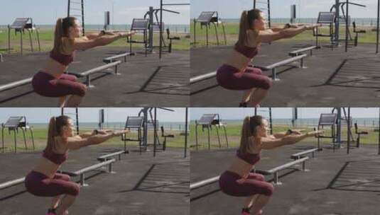 白天在户外健身房锻炼的运动高加索女人高清在线视频素材下载