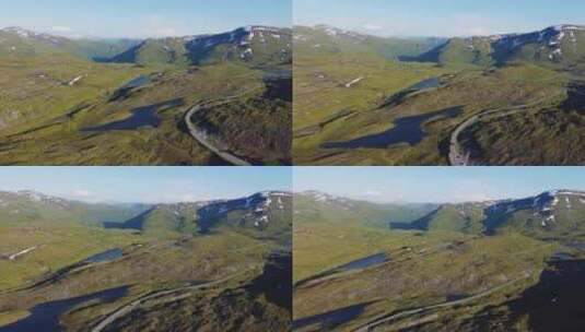 挪威Vikafjell山顶上有过往汽车的弯曲山路-傍晚的夏季日落ae高清在线视频素材下载