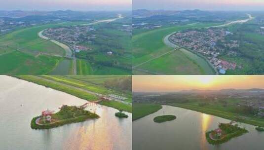 航拍枣庄薛城区陶庄镇蟠龙河山家林湖鹭鸣岛高清在线视频素材下载