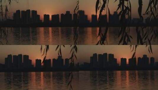 城市晚霞湖边慢镜头高清在线视频素材下载