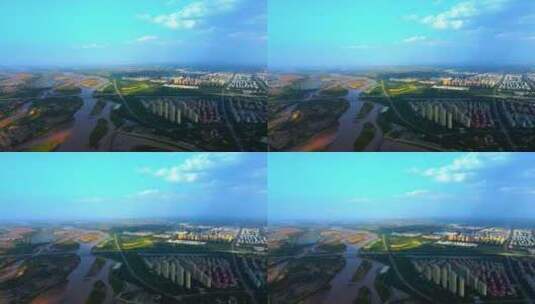 黄河平原航拍-生态建设大桥河流湿地城市高清在线视频素材下载