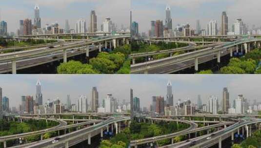 航拍上海延安路高架桥城市风光高清在线视频素材下载