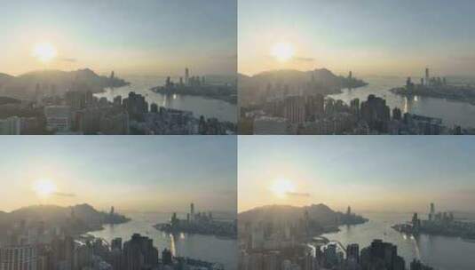 香港大景航拍维多利亚港太平山日落海湾风光高清在线视频素材下载