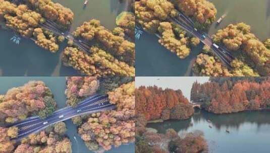 秋日夕阳下的杭州西湖杨公提航拍高清在线视频素材下载