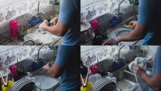 一个家伙在双厨房水槽里洗碗的延时镜头。高清在线视频素材下载