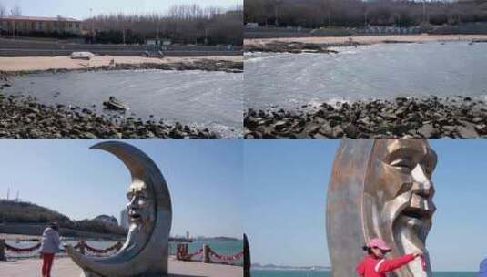烟台滨海路景点月亮湾高清在线视频素材下载