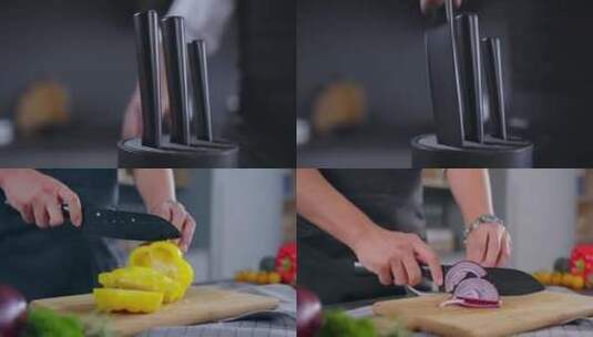 拿刀切菜灯笼椒洋葱高清在线视频素材下载