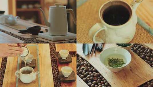 客家绿茶泡茶茶道茶文化品茶茶壶中倒入茶叶高清在线视频素材下载