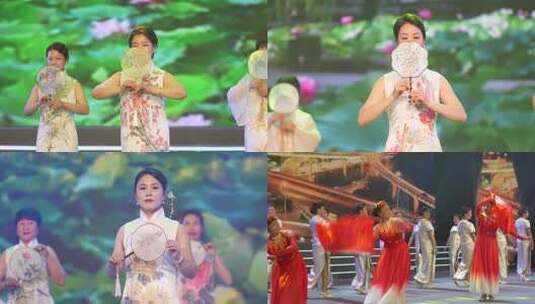 旗袍女子舞台持扇表演高清在线视频素材下载
