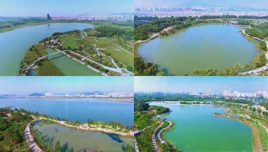 城市公园湖泊航拍全景高清在线视频素材下载