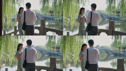 园林古桥边的邂逅高清在线视频素材下载