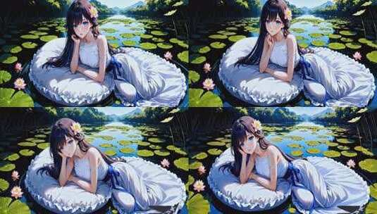 碧绿荷花丛里的连衣裙卡通少女-4k高清在线视频素材下载