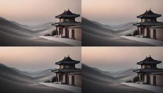 大漠孤烟古建筑伫立于黄沙之上的意境高清在线视频素材下载