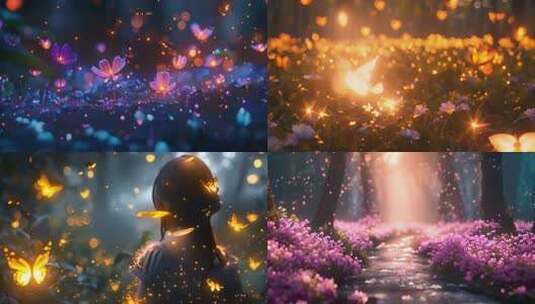 花丛中闪烁的粒子光影高清在线视频素材下载