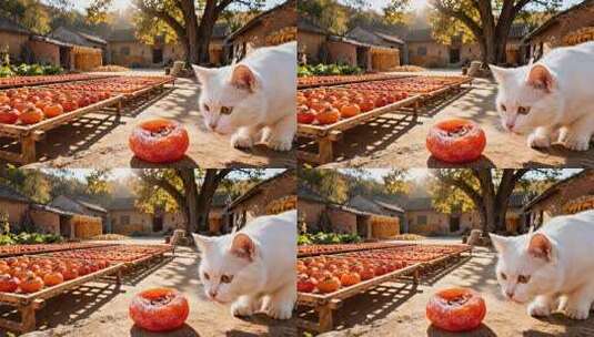 乡村院子白猫嗅柿饼素材高清在线视频素材下载