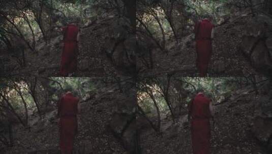 在森林中行走的和尚高清在线视频素材下载
