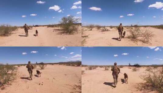 士兵牵着猎犬跑向直升机高清在线视频素材下载