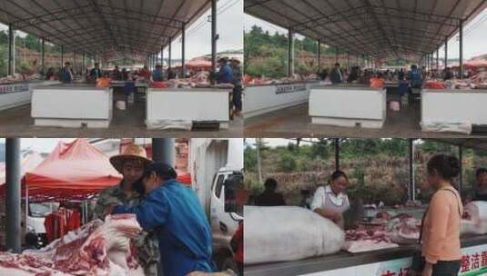 农村农贸市场卖猪肉的摊贩高清在线视频素材下载