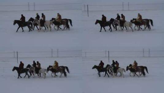 内蒙古蒙古族牧民骑马在冬季草原高清在线视频素材下载