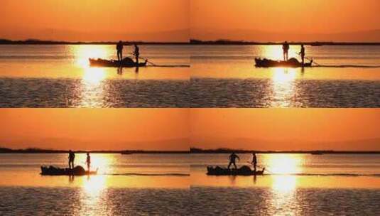 日落时的钓鱼独木舟高清在线视频素材下载