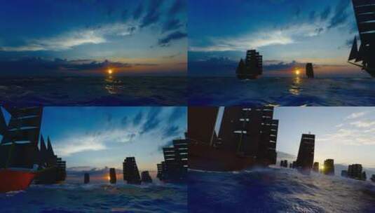 4K 夕阳下大海帆船出发行驶高清在线视频素材下载