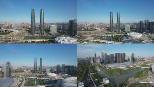 杭州之门 奥体中心 蓝天 航拍高清在线视频素材下载