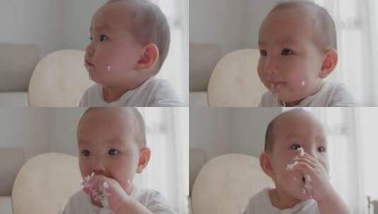 可爱亚洲小孩用手抓白米饭吃高清在线视频素材下载
