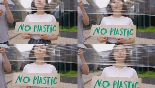 对塑料进行抗议的三个朋友高清在线视频素材下载