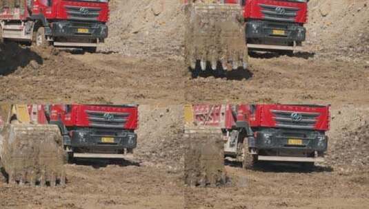 公路建设施工山体滑坡泥泞路面卡车车轮特写高清在线视频素材下载