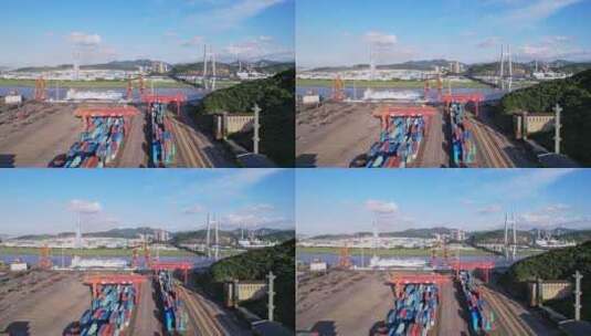 宁波镇海招宝山大桥边集装箱码头航拍高清在线视频素材下载