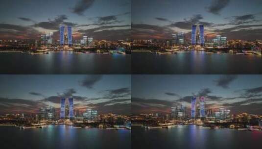 航拍C4K金鸡湖夕阳夜景东方之门地标广角高清在线视频素材下载