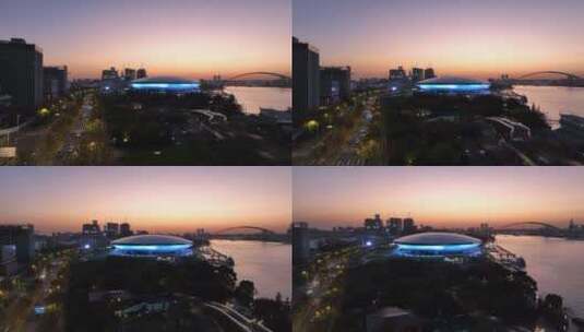 上海梅赛德斯奔驰文化中心日落航拍高清在线视频素材下载