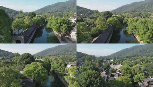 航拍惠山古镇河和树上方高清在线视频素材下载