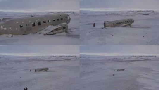 4K冰岛雪山雪地北极圈飞机残骸航拍高清在线视频素材下载