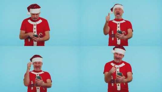 穿着时尚圣诞T恤的人看智能手机做兴奋庆祝的姿势高清在线视频素材下载