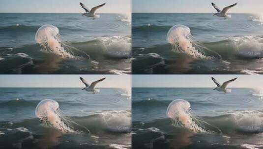 海面上海鸥与水母同框画面高清在线视频素材下载