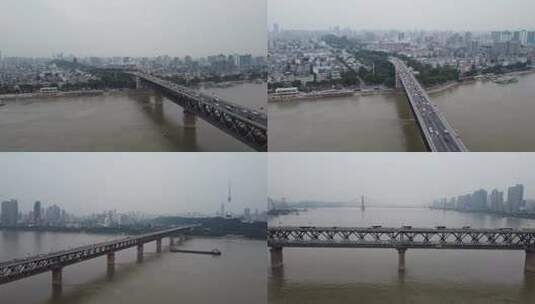 武汉长江大桥 高铁行驶通过航拍高清在线视频素材下载