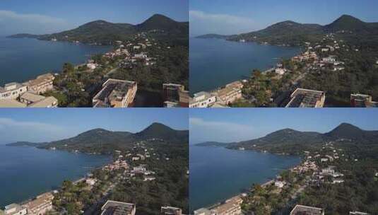 希腊，科孚岛，莫拉伊蒂卡梅森吉海滩的无人机镜头。上升镜头。高清在线视频素材下载