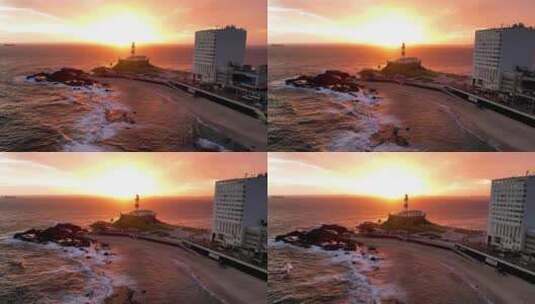 巴西萨尔瓦多巴伊亚市中心旅游邮卡的日落鸟瞰图。高清在线视频素材下载