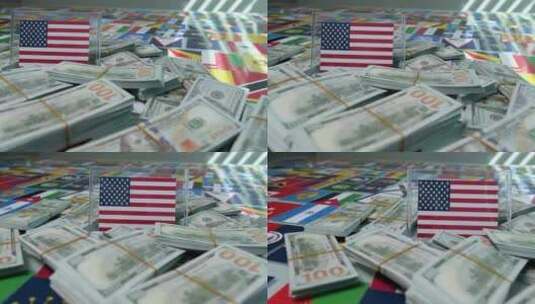 美国国旗上有很多黄金和美元高清在线视频素材下载