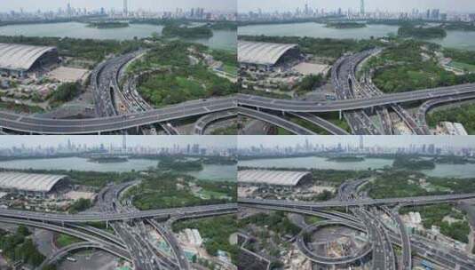 江苏南京城市拥堵交通新庄立交桥航拍高清在线视频素材下载