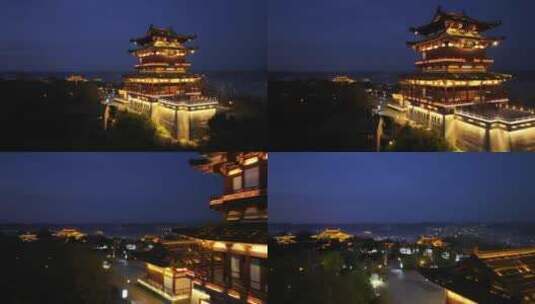 新昌县鼓山公园天姥阁夜景航拍高清在线视频素材下载