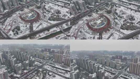 大雪中的街道航拍-亳州涡阳-法治广场高清在线视频素材下载